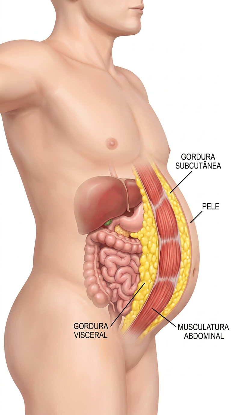 Diagrama em 3D das camadas do abdômen: pele, gordura subcutânea, musculatura e gordura visceral